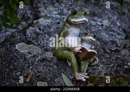 Una vista da primo piano di una scultura di una rana madre che legge un libro per il suo bambino sulla pietra Foto Stock