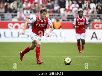 Thomas Foket di Reims durante il campionato francese Ligue 1 partita di calcio tra Stade de Reims e FC Nantes (FCN) il 26 settembre 2021 allo Stade Auguste Delaune di Reims, Francia - Foto: Jean Catuffe/DPPI/LiveMedia Foto Stock