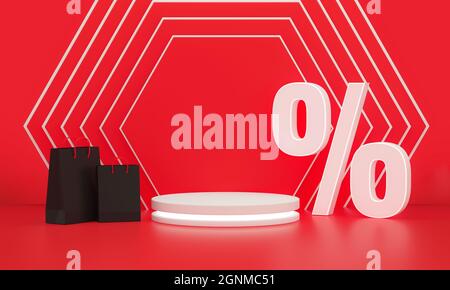 Sconti per il Black friday. Simbolo di sconto percentuale e borse con podium con luce su parete esagonale su sfondo studio. rendering 3d. Foto Stock