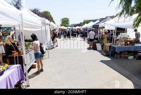 Fulford Harbour Saltspring Island BC , Canada - 10 luglio 2021: Gli amanti dello shopping possono cercare merci presso il popolare mercato agricolo del sabato presso il porto di Fulford Foto Stock