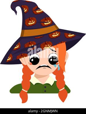 Ragazza con occhi grandi ed emozione depressiva, piangendo, lacrime faccia in un cappello di strega appuntito con zucca. La testa di un bambino con il volto triste. Decorazione di festa di Halloween Illustrazione Vettoriale