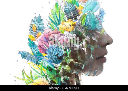 Pittura. Piante colorate dipinte a mano combinate con una silhouette di donna Foto Stock