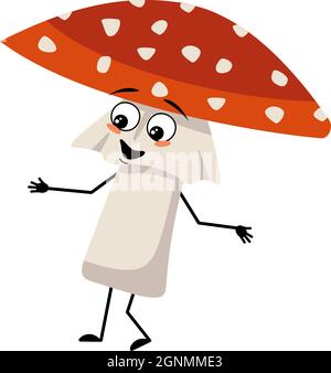 Carino personaggio amanita con gioie emozioni, sorriso viso, occhi felici, braccia e gambe. Mosca funghi agarici da foresta con espressione gentile Illustrazione Vettoriale