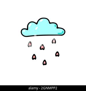 Doodle Valentines Day cloud. Simbolo d'amore disegnato a mano isolato su sfondo bianco. Stampa kawaii a colori. Carino biglietto d'auguri a forma di cuore per la pioggia. Romantico w Illustrazione Vettoriale