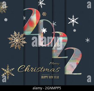 2022 disegno della scheda di Capodanno. Digit 2022 su blu, fiocchi di neve d'oro, testo d'oro Merry Christmas Felice Anno Nuovo. Rendering 3D Foto Stock