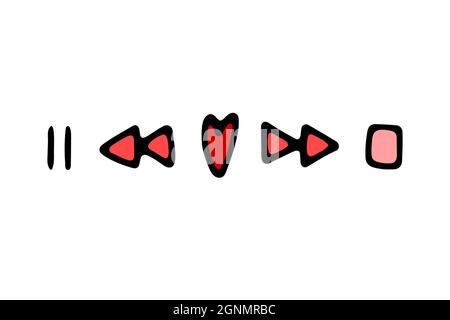 Doodle San Valentino musical rosso segno. Simbolo della canzone d'amore disegnato a mano su sfondo bianco. A forma di cuore consente di contrassegnare, riprodurre, mettere in pausa. Matrimonio, feeling, melo Illustrazione Vettoriale
