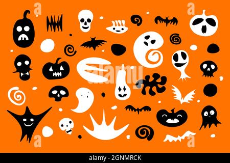 Felice Halloween set. Fantasma bianco nero disegnato a mano, zucca, scheletro, teschi su sfondo arancione. Banner carino e spaventoso per i personaggi horror di Fall holida Illustrazione Vettoriale