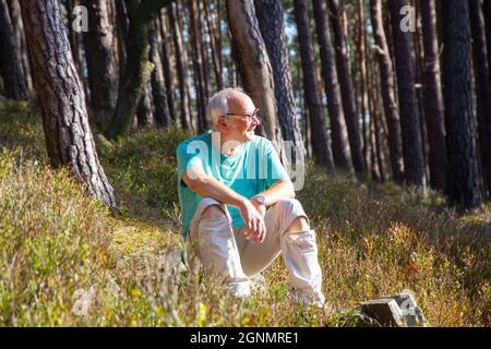 Un uomo si siede su una pietra nella Foresta Palatinato e gode i raggi riscaldanti del sole di settembre Foto Stock