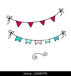 Set decorativo Doodle Garland. Festone disegnato a mano isolato su sfondo bianco. Contorno decorazione festiva con bandiere, nastri, archi. Illustrazione vettoriale Illustrazione Vettoriale