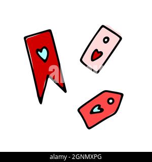 Etichette Doodle con cuori set. Carte colorate disegnate a mano isolate su sfondo bianco. Segno di congratulazioni, invito al matrimonio, posta, giorno di San Valentino, Illustrazione Vettoriale