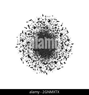 Esplosione nuvola di pezzi neri su sfondo grigio. Le particelle affilate volano in aria in modo casuale. Grande esplosione Illustrazione Vettoriale