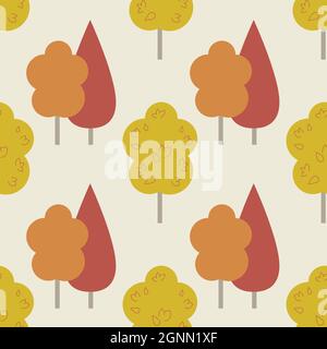 Disegno autunnale senza cuciture, albero giallo rosso, illustrazione vettoriale per tessuti e carta da imballaggio Illustrazione Vettoriale