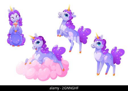 Simpatico personaggio unicorno in diverse pose isolate su sfondo bianco. Set vettoriale di divertente cavallo magico cartone animato con corno d'oro e mane viola mangiare gelato, sorridere e stendere su nuvola rosa Illustrazione Vettoriale