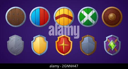 Set di scudi di gioco, cartone animato fantasia medievale armatura di metallo e legno. Munizioni Knight, collezione di protezioni in ferro o legno, elementi di design ui, schermi militari vista frontale icone vettoriali isolate, clipart Illustrazione Vettoriale