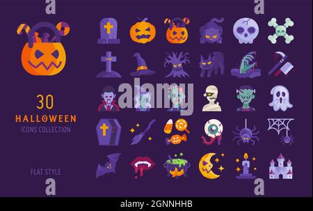 halloween icona flat design vettore set. Spooky e horror spaventoso concetto celebrazione isolato su sfondo scuro Illustrazione Vettoriale