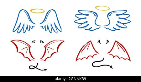 Illustrazione vettoriale stilizzata di Angel e diavolo. Angelo con ala, alone. Diavolo con ala e coda. Stile di schizzo della linea disegnata a mano. Illustrazione Vettoriale