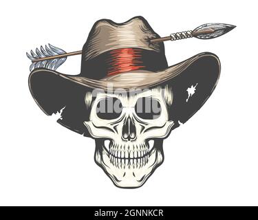 Cranio umano in Arrow shot Cowboy Hat Tattoo colorato. Illustrazione vettoriale. Illustrazione Vettoriale