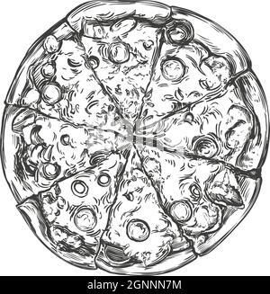 Pizza italiana, modello di design pizza disegno a mano vettore illustrazione realistico schizzo, Illustrazione Vettoriale