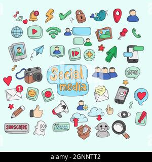 icona colorata dei social media insieme vettore di illustrazione isolato su sfondo blu pallido Illustrazione Vettoriale