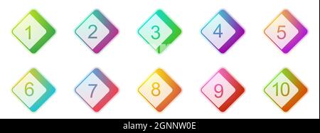 Punti elenco numeri da 1 a 10. Set di marcatori 3d colorati. Illustrazione vettoriale. Punti elenco quadrati. Illustrazione Vettoriale