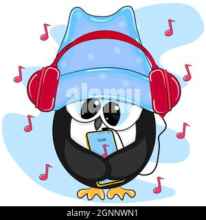 Simpatico pinguino cartoon con cuffie e smartphone. Illustrazione vettoriale. Illustrazione Vettoriale