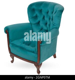 Elegante poltrona turchese su sfondo bianco. Angolo di ripresa alto. Foto Stock