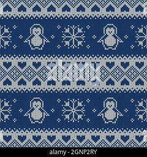 Maglia senza cuciture con pinguini, fiocchi di neve e cuori. Sfondo maglione invernale. Illustrazione vettoriale. Illustrazione Vettoriale