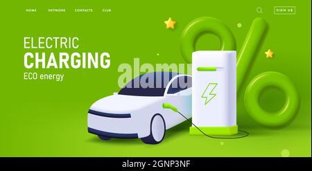 Auto elettrica carica, illustrazione 3d di carica attrezzature e auto con segno verde percentuale, pubblicità banner web Illustrazione Vettoriale