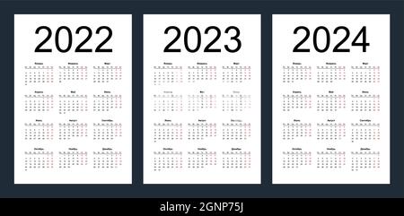 Griglia calendario per 2022, 2023 e 2024 anni. Semplice modello verticale in lingua russa. La settimana inizia dal lunedì. Illustrazione del vettore isolato su wh Illustrazione Vettoriale