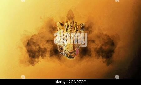 Testa di leopardo sullo sfondo di una nuvola. Lavoro artistico sul tema degli animali Foto Stock