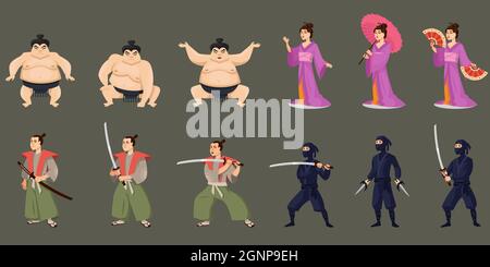 Personaggi della cultura giapponese. Persone diverse in stile cartone animato. Illustrazione Vettoriale