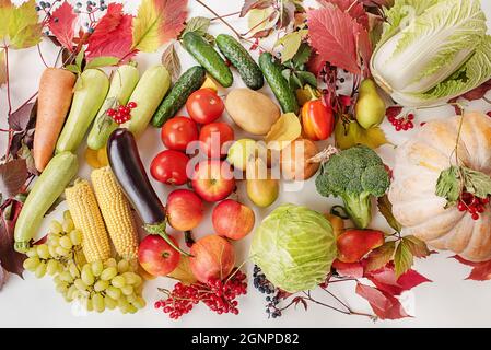 Giorno di ringraziamento vita morta autunnale. Regali autunnali ortaggi, frutta, cereali. Raccolta. Foto Stock