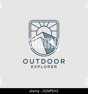 Design del logo Line ART Outdoor explorer, grafica vettoriale per simbolo di montagna outdoor. Illustrazione Vettoriale