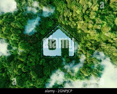 Concetto raffigurante nuove possibilità per lo sviluppo di tecnologie di costruzione sostenibile e verde vivere la forma di una casa a forma di stagno loca forma di casa Foto Stock