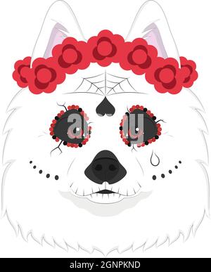 Biglietto di auguri di Halloween. Cane samoyed vestito come un teschio messicano con fiori rossi sulla testa Illustrazione Vettoriale