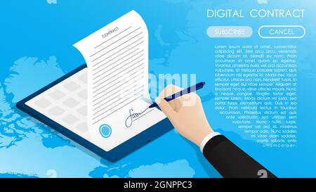 Concetto isometrico. Uomo d'affari firma contratto, accordo a lungo termine sullo sfondo della mappa del mondo. Conclusione delle operazioni e certificazione di d Illustrazione Vettoriale