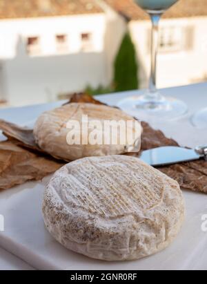 Raccolta di formaggi, semi-duro francese blu roquefort formaggio roquefort da Roquefort-sur-Soulzon, Francia, servito con vino bianco dolce freddo francese, primo piano Foto Stock