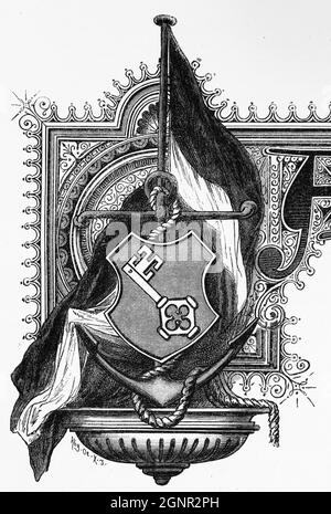 Frontespizio ed emblema con la chiave del capitolo Brema, Stato federale di Brema, Germania settentrionale, illustrazione storica 1880, Foto Stock