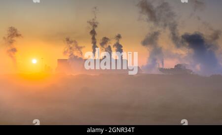 Colorata vegetazione di dune sotto il sole che sorge la mattina presto nel paesaggio industriale. Wijk aan Zee, Provincia Noord Holland, Paesi Bassi. Foto Stock