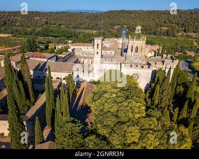 Veduta aerea del Chiostro di Monestir de Santa Maria de Santes Creus, abbazia cistercense, monastero, chiesa, Santes Creus, Aiguamurcia Tarragona, Cataloni Foto Stock