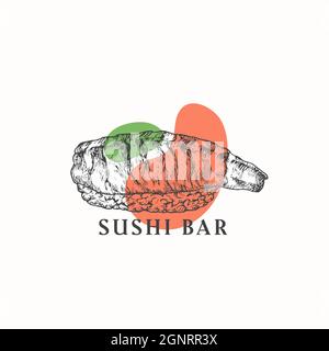 Modello di cartello, simbolo o logo per astratto alimentare giapponese. Sushi o Sashimi disegnati a mano e Typografia retrò. Tradizionale cucina asiatica Vector Emblem Illustrazione Vettoriale