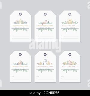 Set di etichette regalo o badge per Natale e Capodanno pronti all'uso. Fir-Needle Pino disegnato a mano con Strobiles e Holly Leaf bozzetti saluti Illustrazione Vettoriale