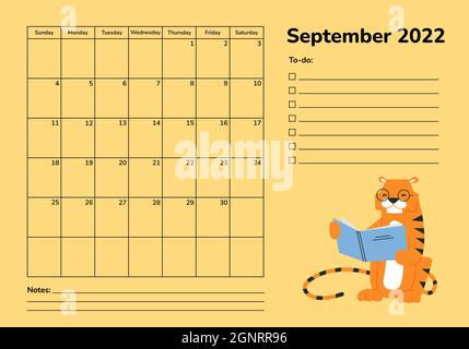 Planner orizzontale 2022 con tigre. Pagina del calendario di settembre. Modello vettoriale organizer scheduler. Calendario aziendale tavolo da parete. La settimana inizia il Illustrazione Vettoriale