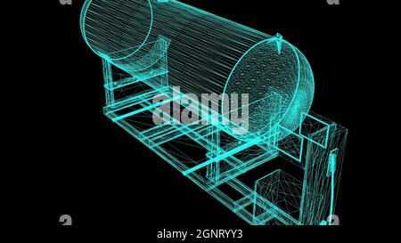 Illustrazione 3d - Stazione di rifornimento in un telaio in filo su sfondo nero Foto Stock