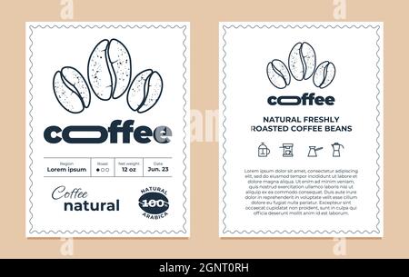 Set di modelli per etichette per confezione di caffè naturale. Etichetta o adesivo grafico moderno per marchio, logo, imballaggio. Illustrazione eps vettoriale per la tipografia dell'azienda di tostatura di fagioli arabica Illustrazione Vettoriale