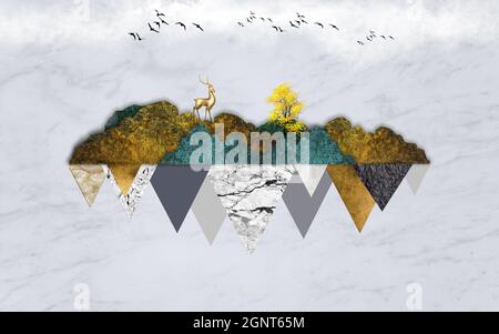 carta da parati 3d. montagne dorate e turchesi e triangoli con cervi, alberi e uccelli neri su sfondo di marmo bianco Foto Stock