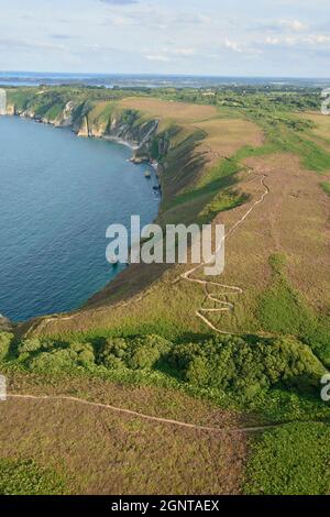 Francia, Côtes-d'Armor (22), Plévenon, paysage du litoranal Breton, le chemin de Grande Randonnée GR 34 (vue aérienne) // Francia, Cotes d'Armor, Landsca Foto Stock