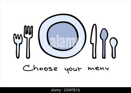 Set di posate e piatti in stile doodle. Piastra, forche, coltelli e cucchiai. Lettere Scegli il tuo menu. Illustrazione vettoriale. Illustrazione Vettoriale