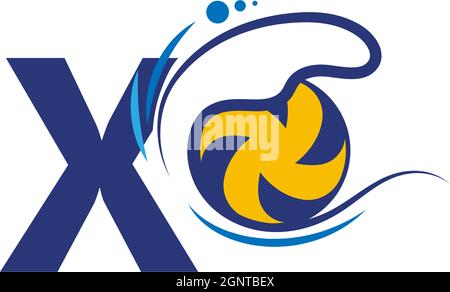 Il logo della lettera X e il pallavolo entrano nel vettore delle onde d'acqua Illustrazione Vettoriale