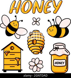 Set di ape carina, gustoso miele sano, vaso, alveari, fiore, e le illustrazioni vettoriali di testo sono noodle. Disegno a mano colorato alla moda vettoriale in stile cartone animato. Illustrazione Vettoriale